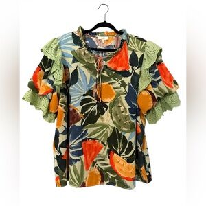 Oddi Vibrant Tropical Print Ruffle Puff Eyelet Sleeve Blouse Top 2XL NWT